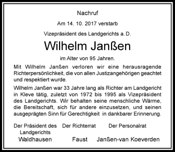 Traueranzeige von Wilhelm Janßen von Rheinische Post