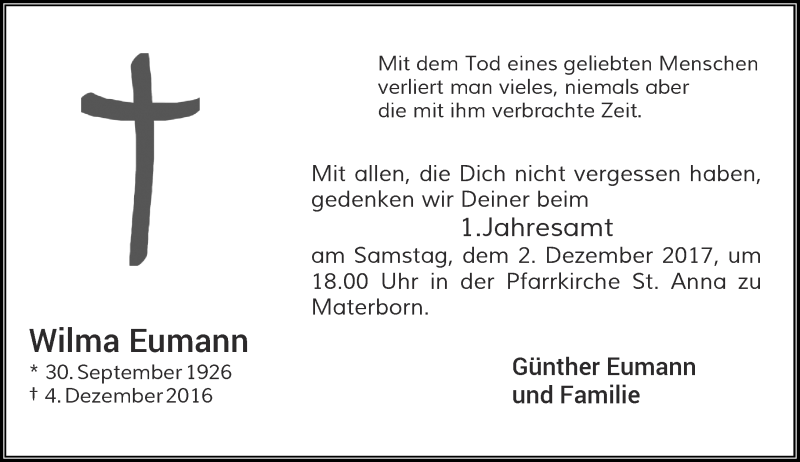  Traueranzeige für Wilma Eumann vom 25.11.2017 aus Rheinische Post