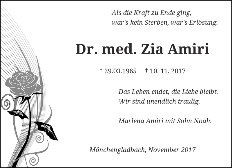  Traueranzeige für Zia Amiri vom 13.11.2017 aus Rheinische Post