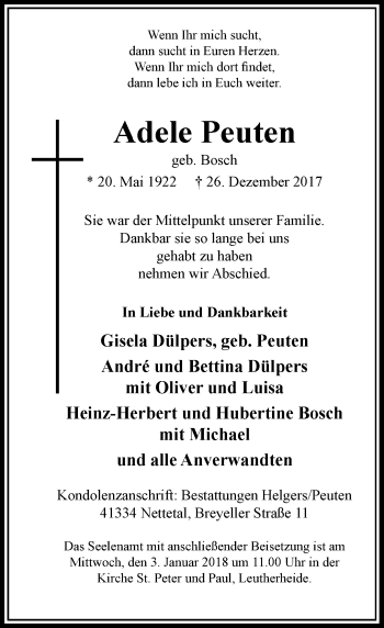 Traueranzeige von Adele Peuten von Rheinische Post
