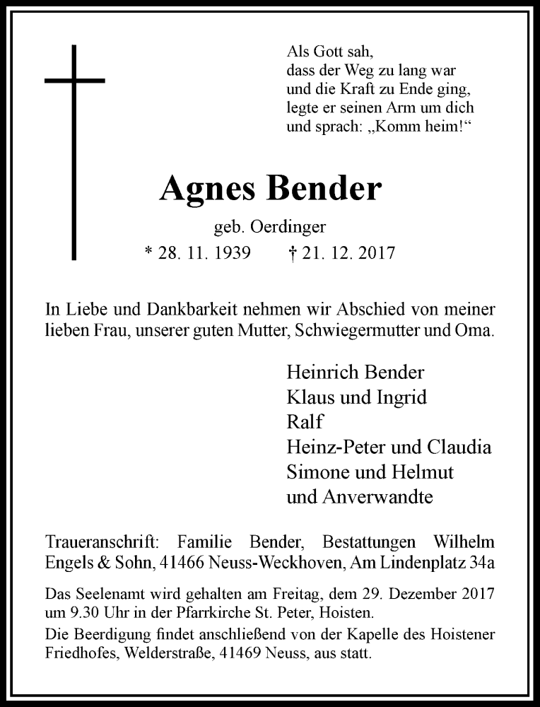  Traueranzeige für Agnes Bender vom 23.12.2017 aus Rheinische Post