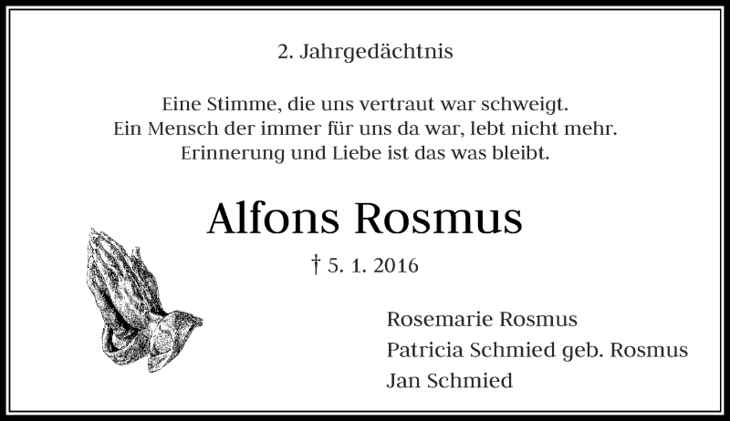  Traueranzeige für Alfons Rosmus vom 05.01.2018 aus Rheinische Post