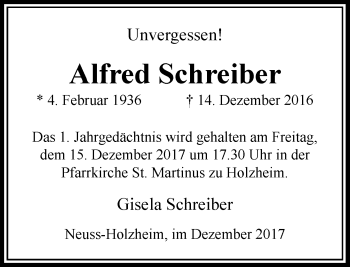 Traueranzeige von Alfred Schreiber von Rheinische Post