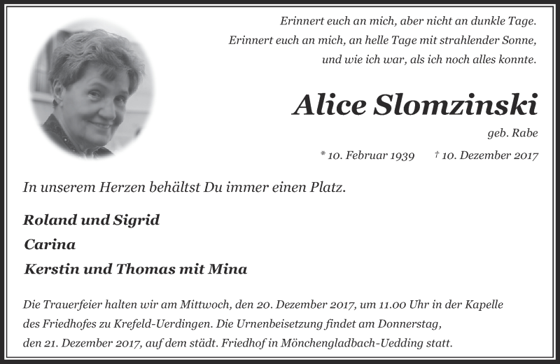  Traueranzeige für Alice Slomzinski vom 16.12.2017 aus Rheinische Post