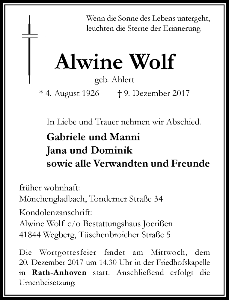  Traueranzeige für Alwine Wolf vom 18.12.2017 aus Rheinische Post