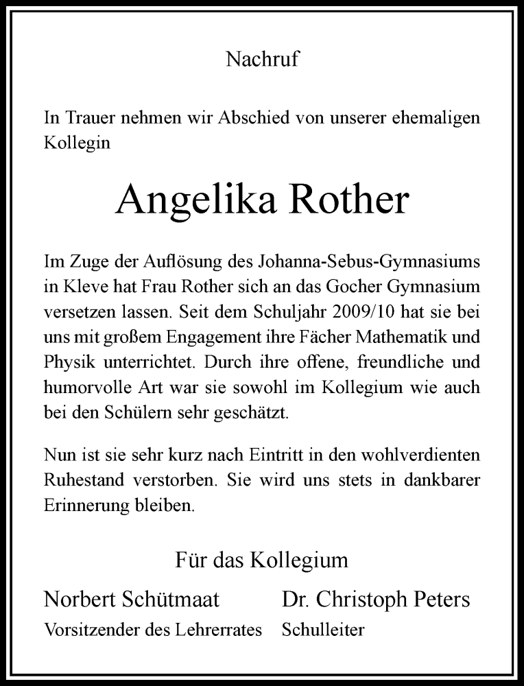  Traueranzeige für Angelika Rother vom 06.12.2017 aus Rheinische Post