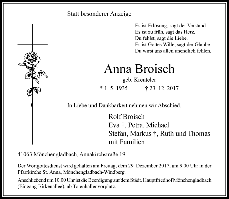  Traueranzeige für Anna Broisch vom 28.12.2017 aus Rheinische Post