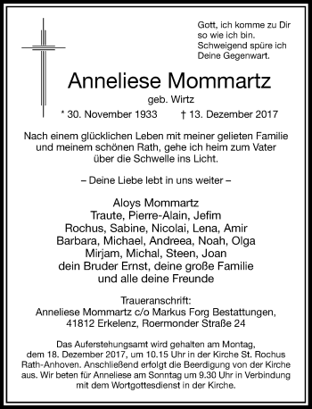 Traueranzeige von Anneliese Mommartz von Rheinische Post