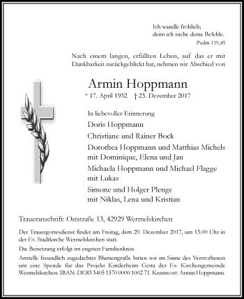 Traueranzeige von Armin Hoppmann von Rheinische Post