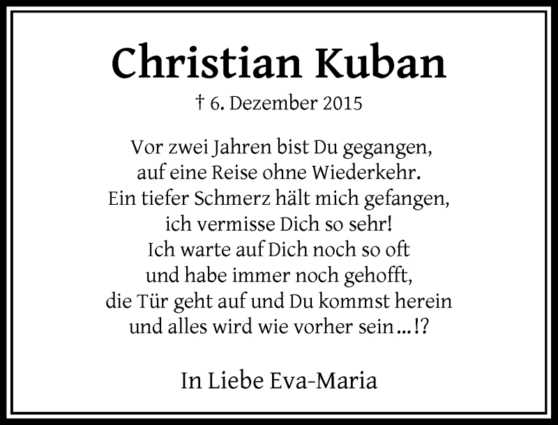  Traueranzeige für Christian Kuban vom 09.12.2017 aus Rheinische Post