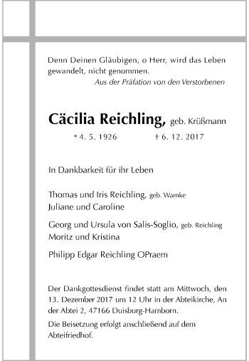 Traueranzeige von Cäcilia Reichling von Rheinische Post