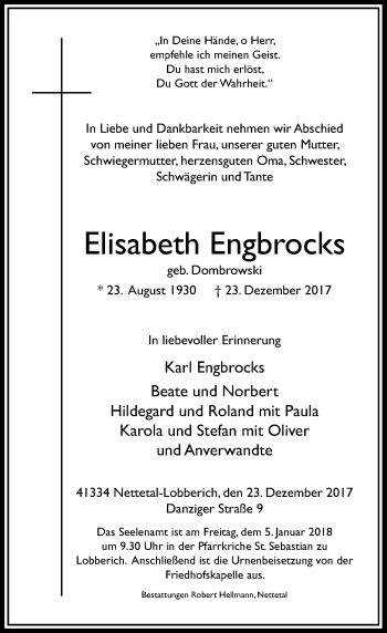 Traueranzeige von Elisabeth Engbrocks von Rheinische Post