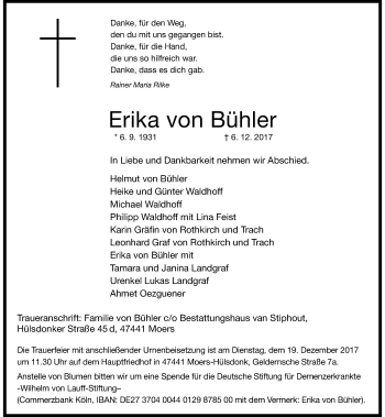 Traueranzeige von Erika von Bühler von Rheinische Post