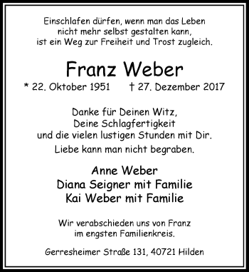 Traueranzeige von Franz Weber von Rheinische Post