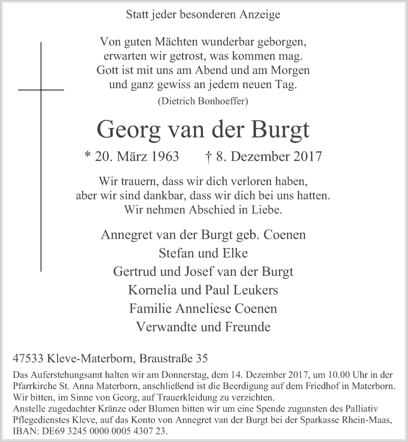  Traueranzeige für Georg van der Burgt vom 11.12.2017 aus Rheinische Post
