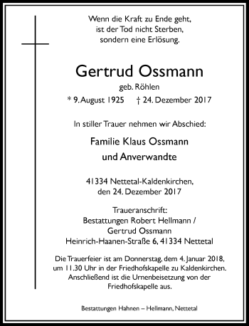 Traueranzeige von Gertrud Ossmann von Rheinische Post
