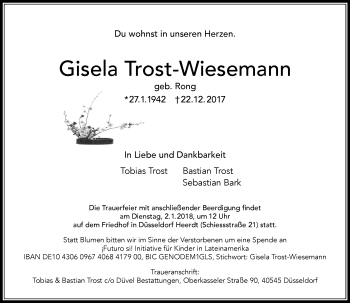 Traueranzeige von Gisela Trost-Wiesemann von Rheinische Post