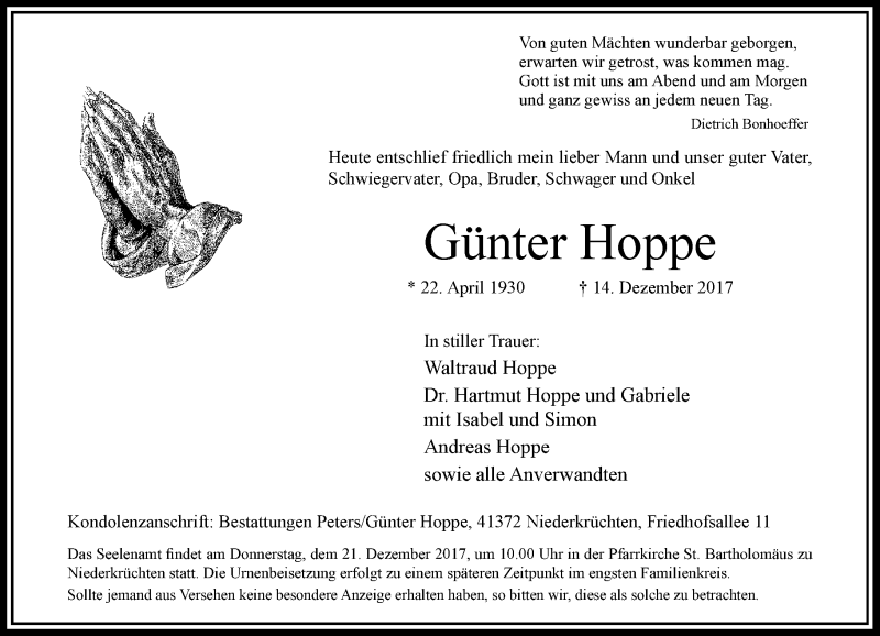  Traueranzeige für Günter Hoppe vom 16.12.2017 aus Rheinische Post