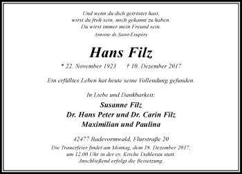 Traueranzeige von Hans Filz von Rheinische Post