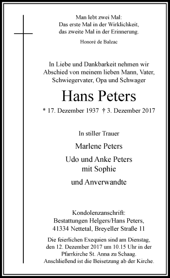 Traueranzeige von Hans Peters von Rheinische Post