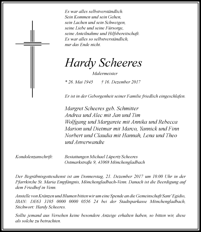  Traueranzeige für Hardy Scheeres vom 18.12.2017 aus Rheinische Post