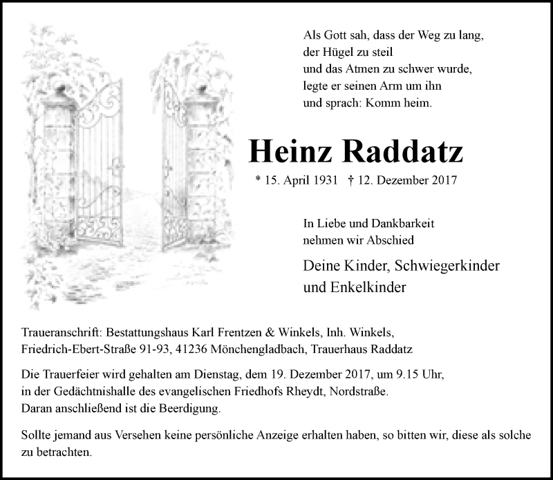  Traueranzeige für Heinz Raddatz vom 16.12.2017 aus Rheinische Post