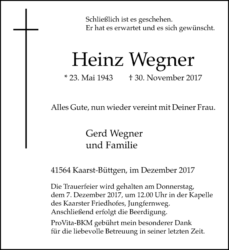  Traueranzeige für Heinz Wegner vom 05.12.2017 aus Rheinische Post