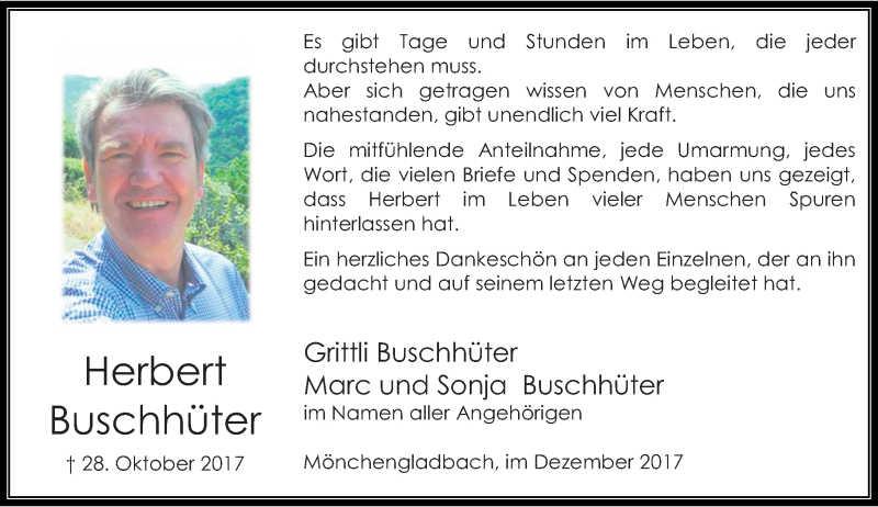  Traueranzeige für Herbert Buschhüter vom 09.12.2017 aus Rheinische Post