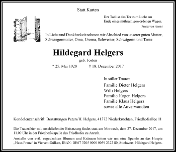 Traueranzeige von Hildegard Helgers von Rheinische Post