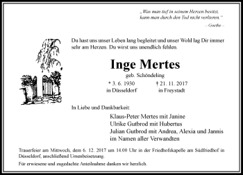 Traueranzeige von Inge Mertes von Rheinische Post