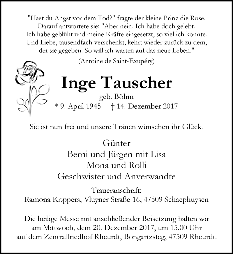  Traueranzeige für Inge Tauscher vom 16.12.2017 aus Rheinische Post