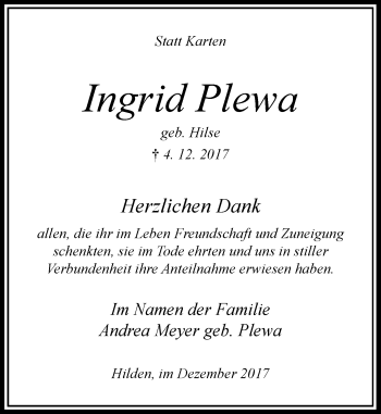 Traueranzeige von Ingrid Plewa von Rheinische Post