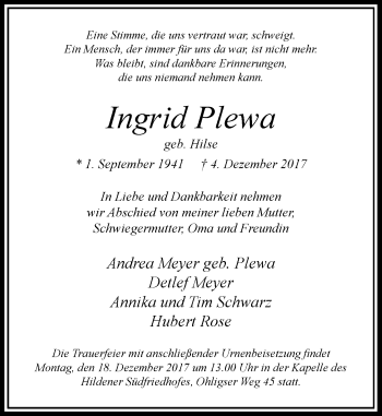 Traueranzeige von Ingrid Plewa von Rheinische Post