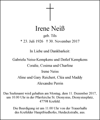 Traueranzeige von Irene Neiß von Rheinische Post