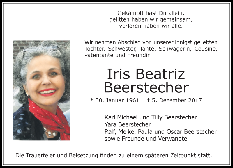 Traueranzeige für Iris Beatriz Beerstecher vom 30.12.2017 aus Rheinische Post