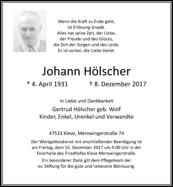 Traueranzeige von Johann Hölscher von Rheinische Post