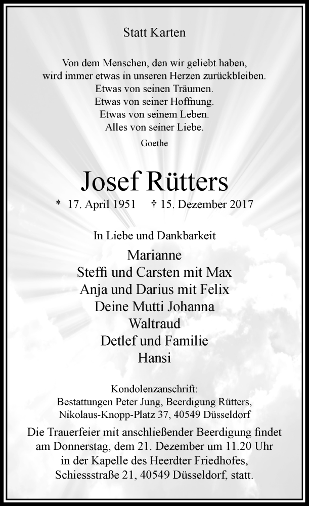  Traueranzeige für Josef Rütters vom 20.12.2017 aus Rheinische Post
