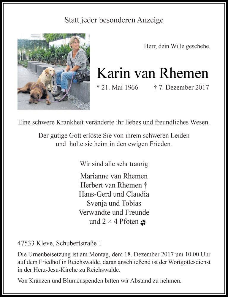  Traueranzeige für Karin van Rhemen vom 13.12.2017 aus Rheinische Post