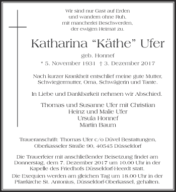 Traueranzeige von Katharina Ufer von Rheinische Post