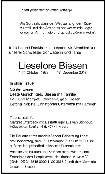 Traueranzeige von Lieselore Biesen von Rheinische Post