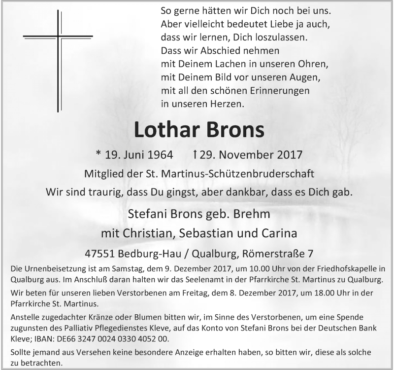  Traueranzeige für Lothar Brons vom 05.12.2017 aus Rheinische Post