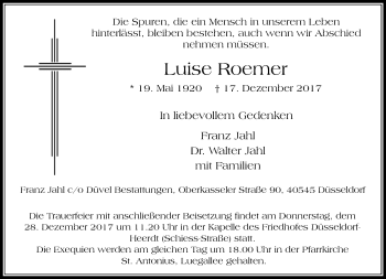 Traueranzeige von Luise Roemer von Rheinische Post