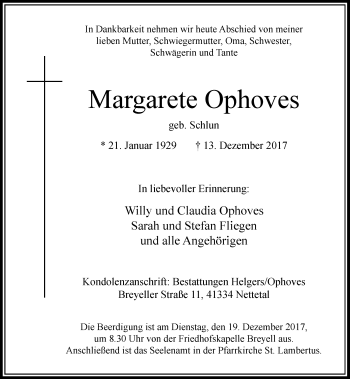 Traueranzeige von Margarete Ophoves von Rheinische Post