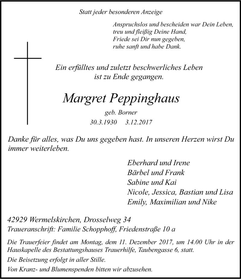  Traueranzeige für Margret Peppinghaus vom 06.12.2017 aus Rheinische Post