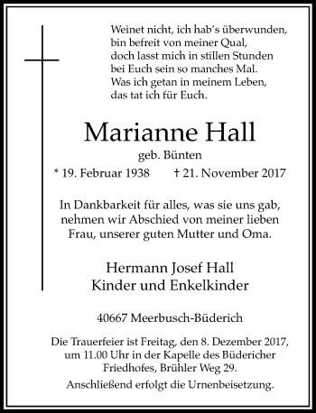 Traueranzeige von Marianne Hall von Rheinische Post