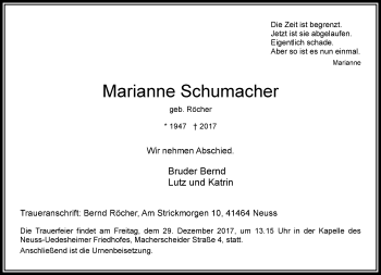 Traueranzeige von Marianne Schumacher von Rheinische Post
