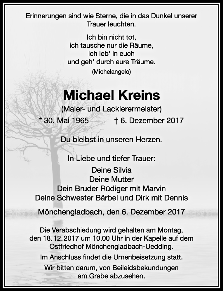  Traueranzeige für Michael Kreins vom 13.12.2017 aus Rheinische Post