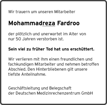 Traueranzeige von Mohammadreza Fardroo von Rheinische Post