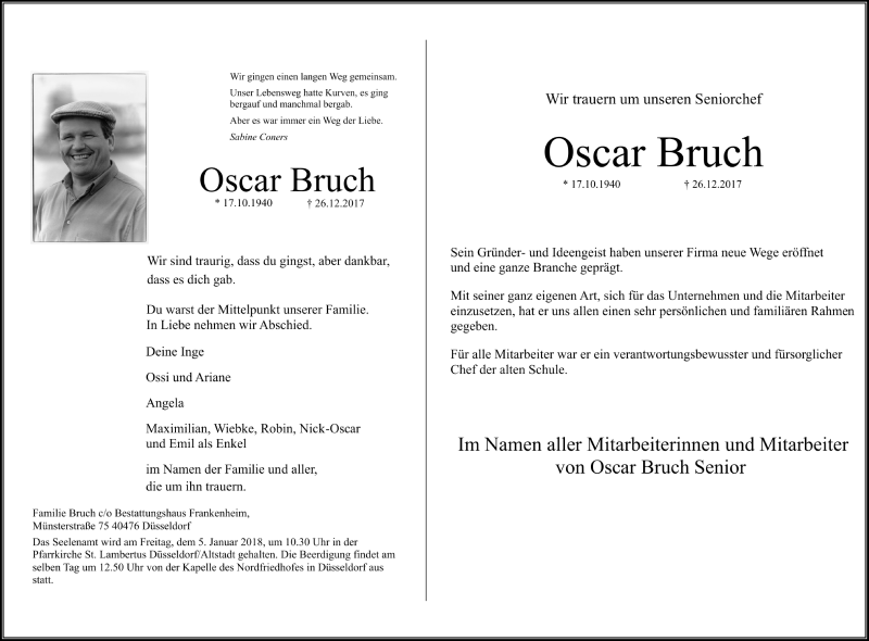  Traueranzeige für Oscar Bruch vom 30.12.2017 aus Rheinische Post