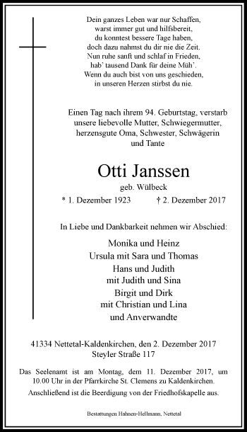 Traueranzeige von Otti Janssen von Rheinische Post